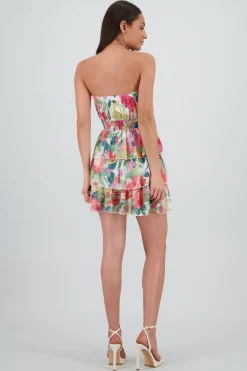Shasa Strapless Floral Print Mini Ruffle Dress