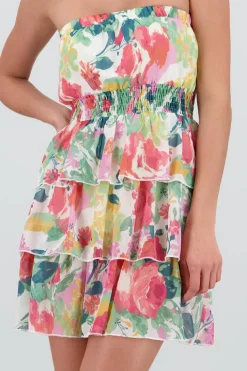 Shasa Strapless Floral Print Mini Ruffle Dress