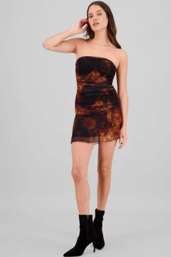 Shasa Strapless Ruched Printed Mesh Mini Dress