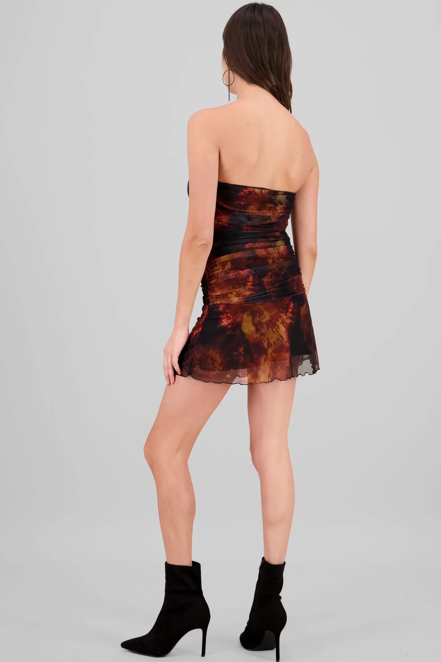 Shasa Strapless Ruched Printed Mesh Mini Dress