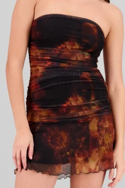 Shasa Strapless Ruched Printed Mesh Mini Dress