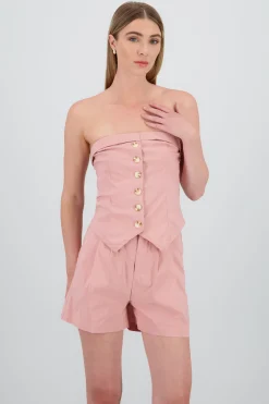Shasa Strapless Striped Top with Button Detail