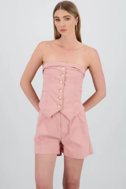 Shasa Strapless Striped Top with Button Detail