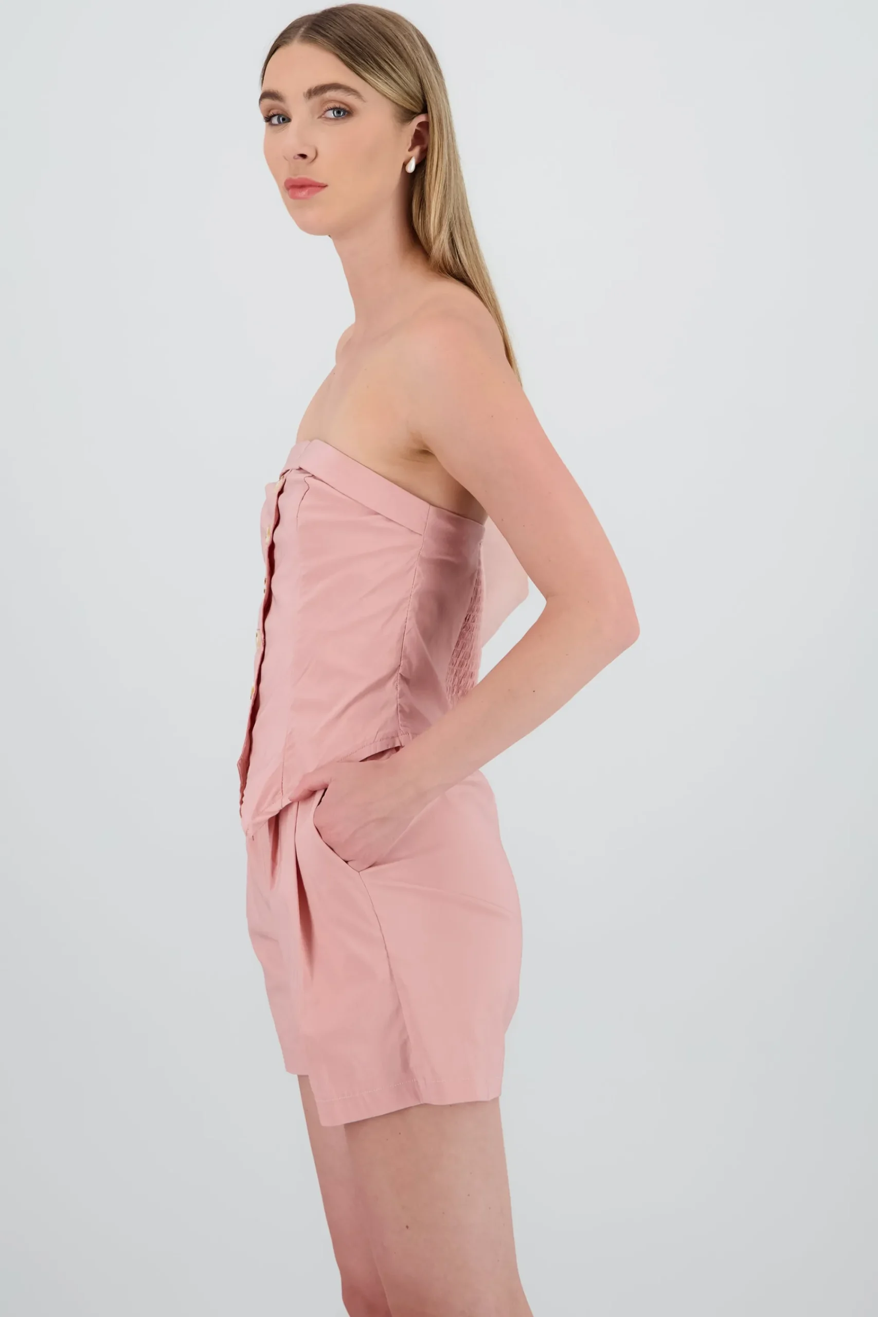 Shasa Strapless Striped Top with Button Detail