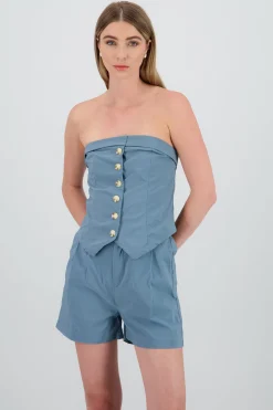 Shasa Strapless Striped Top with Button Detail