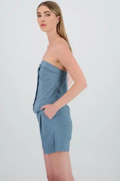 Shasa Strapless Striped Top with Button Detail