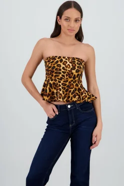 Shasa Strapless Top with Animal Print Ruffle Detail