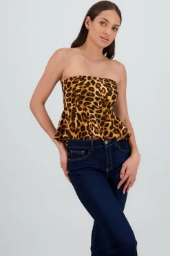 Shasa Strapless Top with Animal Print Ruffle Detail