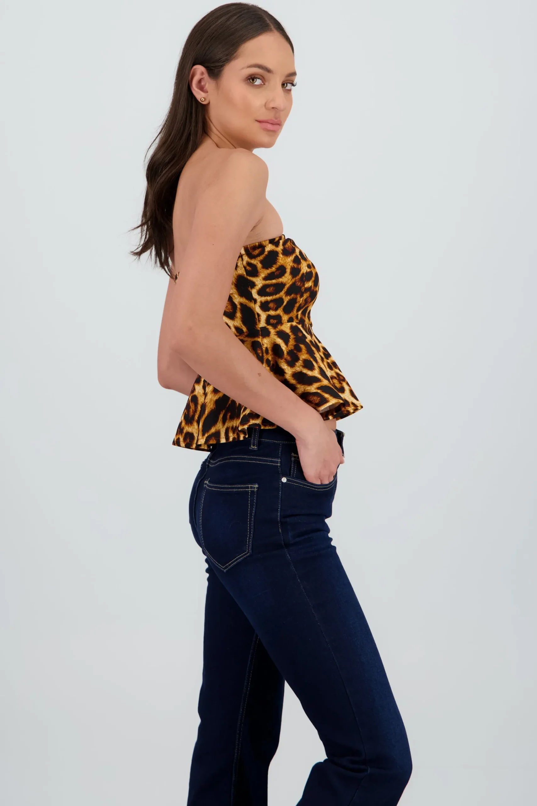 Shasa Strapless Top with Animal Print Ruffle Detail