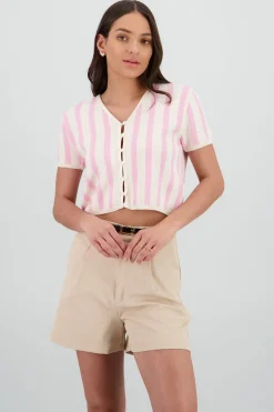 Shasa Striped Cardigan with Pearl Button Details