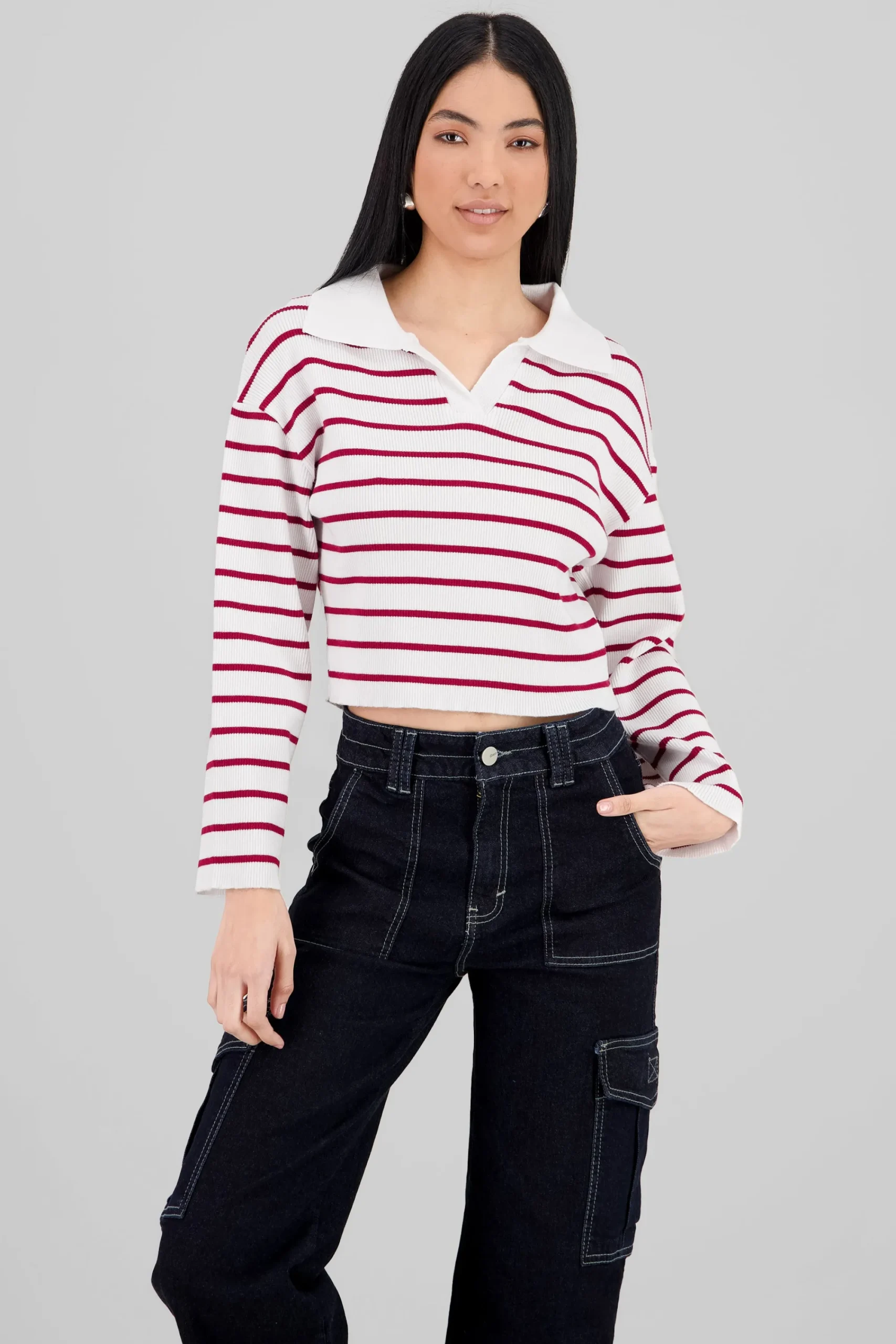 Shasa Striped Knit Polo Collar Sweater