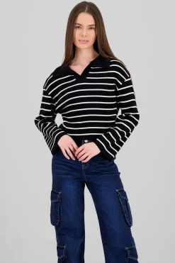 Shasa Striped Knit Polo Collar Sweater