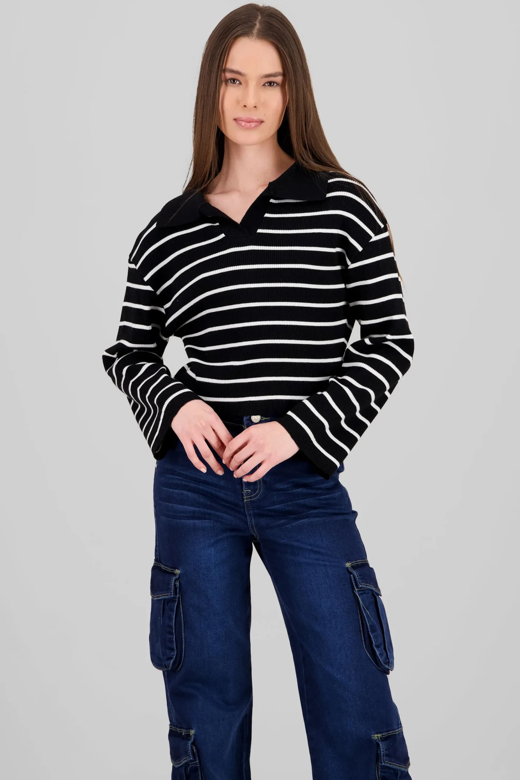 Shasa Striped Knit Polo Collar Sweater