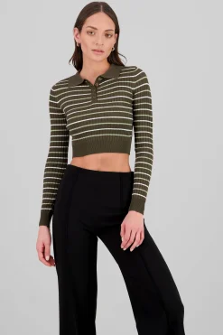 Shasa Striped Knit Polo Long Sleeve Top
