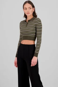 Shasa Striped Knit Polo Long Sleeve Top