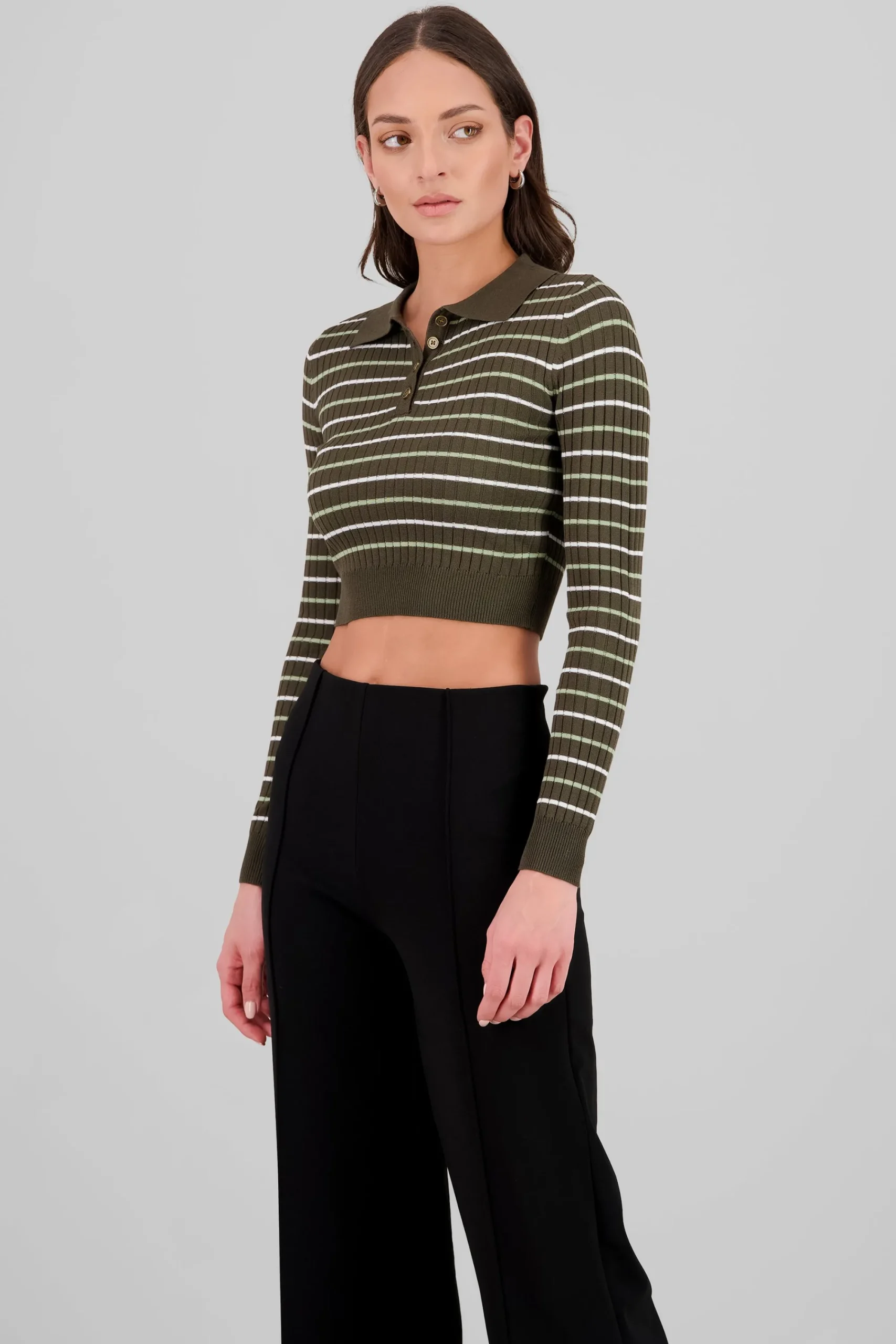 Shasa Striped Knit Polo Long Sleeve Top