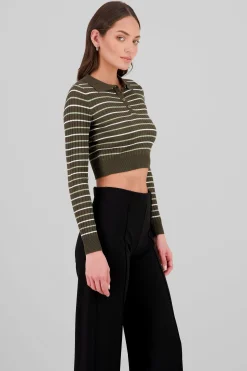 Shasa Striped Knit Polo Long Sleeve Top