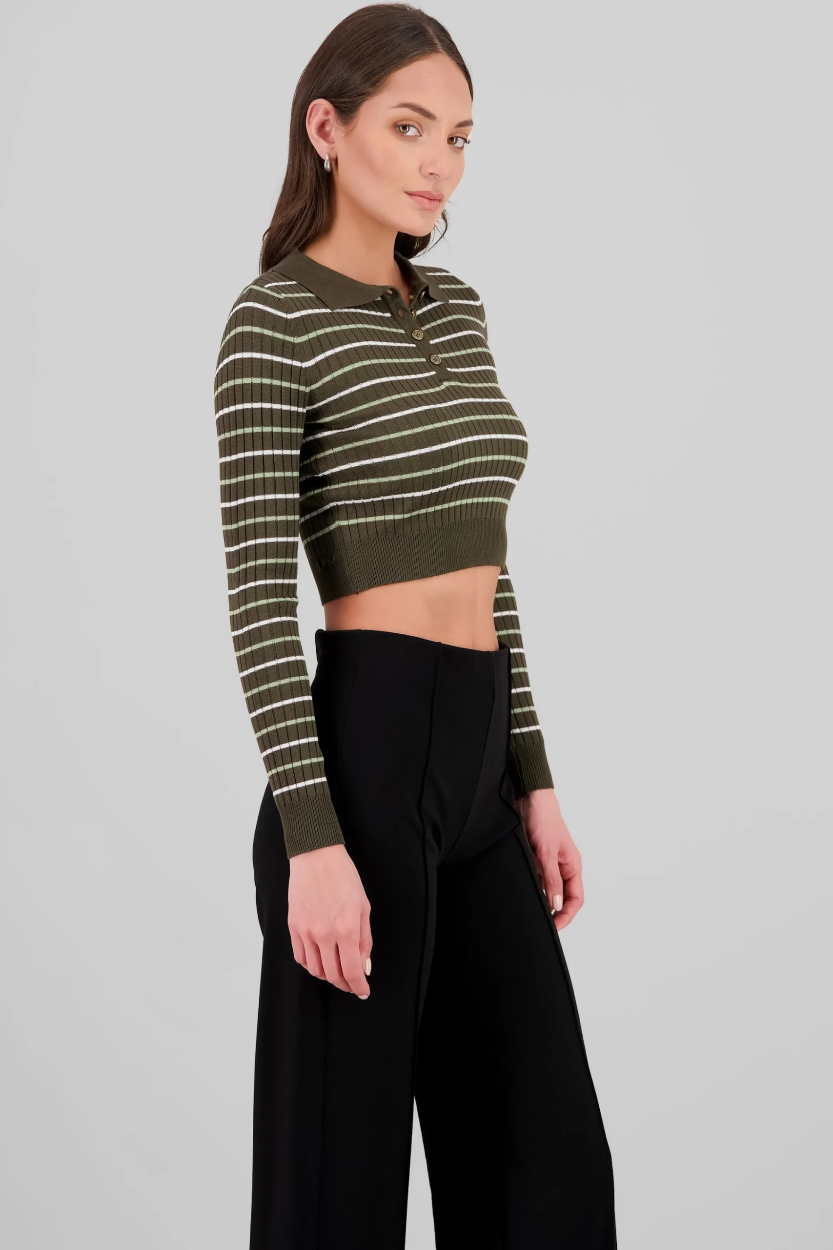 Shasa Striped Knit Polo Long Sleeve Top