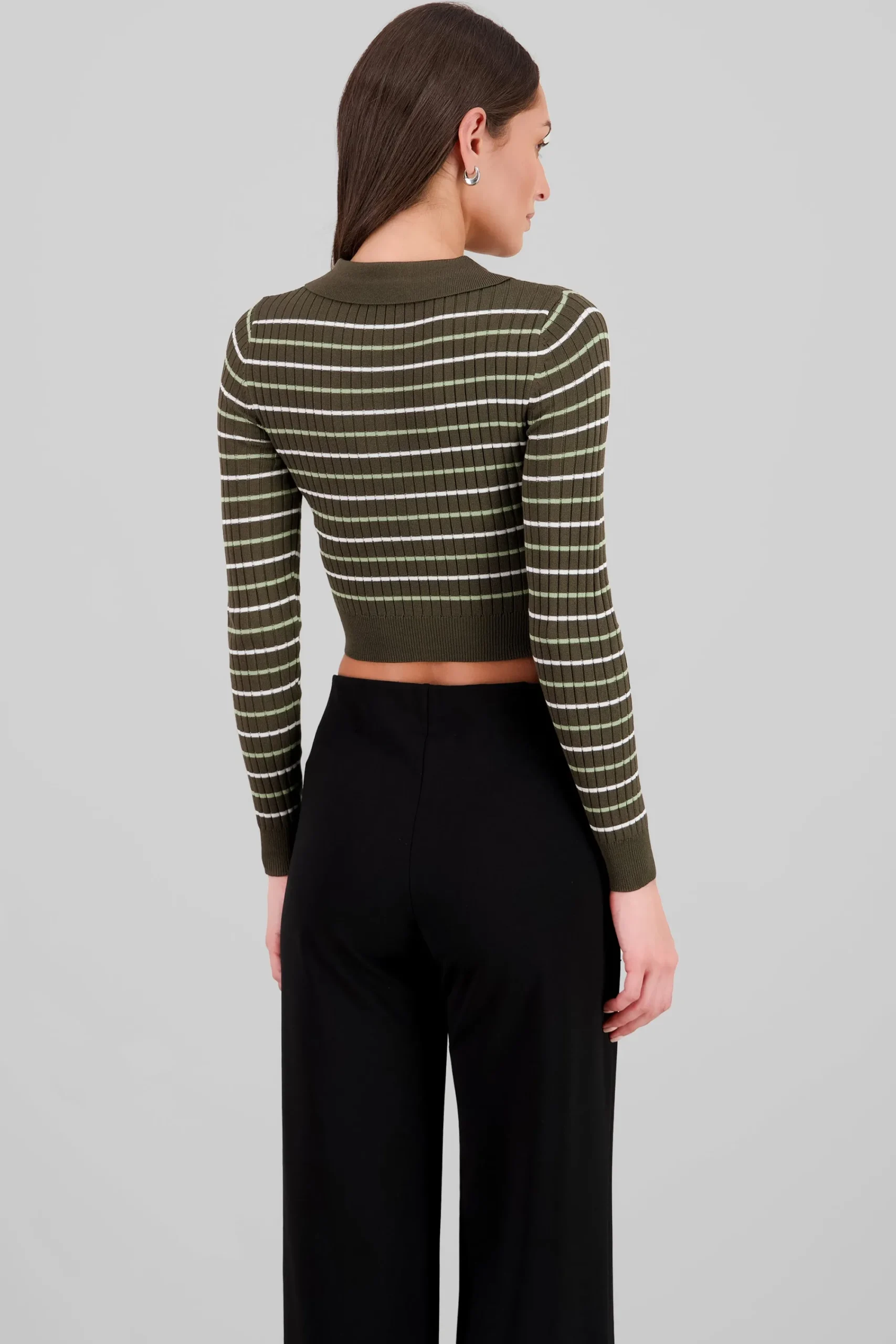 Shasa Striped Knit Polo Long Sleeve Top