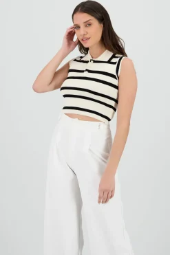 Shasa Striped Lightweight Polo Knit Top