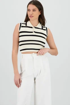 Shasa Striped Lightweight Polo Knit Top