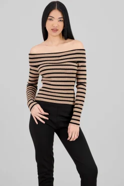 Shasa Striped Off Shoulder Long Sleeve Top