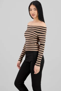 Shasa Striped Off Shoulder Long Sleeve Top