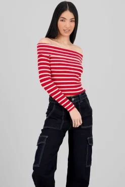 Shasa Striped Off Shoulder Long Sleeve Top