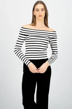 Shasa Striped Off Shoulder Long Sleeve Top