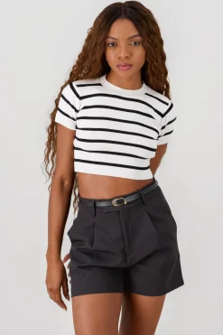 Shasa Striped Print Short Sleeve Knit Crop Top