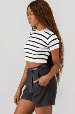 Shasa Striped Print Short Sleeve Knit Crop Top