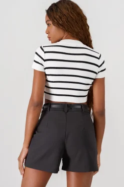 Shasa Striped Print Short Sleeve Knit Crop Top