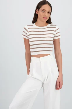 Shasa Striped Print Short Sleeve Knit Crop Top