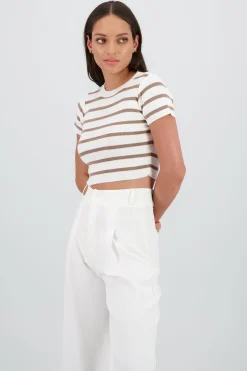 Shasa Striped Print Short Sleeve Knit Crop Top