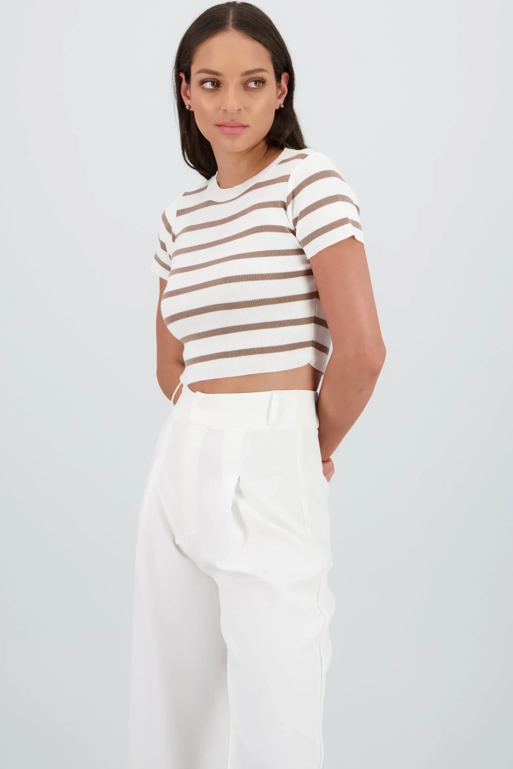 Shasa Striped Print Short Sleeve Knit Crop Top