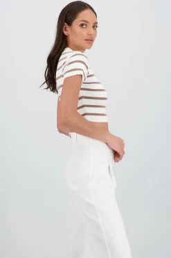 Shasa Striped Print Short Sleeve Knit Crop Top