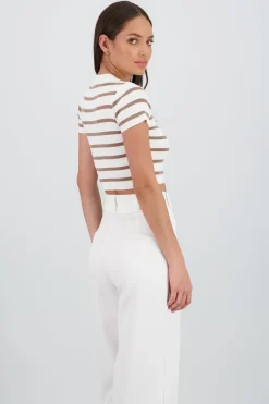 Shasa Striped Print Short Sleeve Knit Crop Top