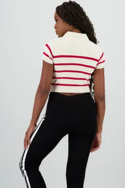 Shasa Striped Print Short Sleeve Polo Neck