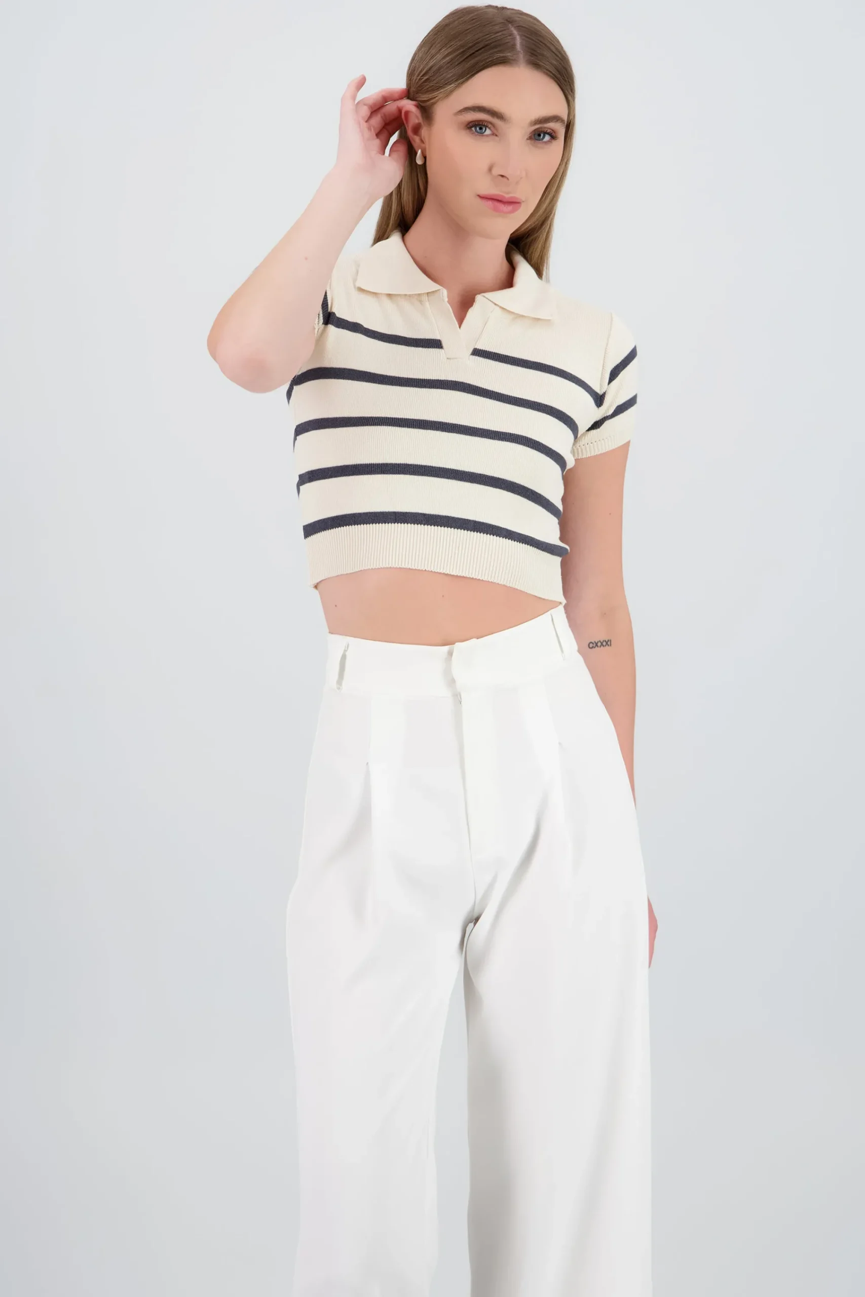 Shasa Striped Print Short Sleeve Polo Neck