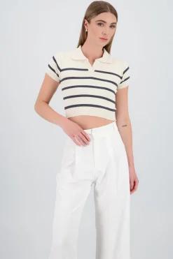 Shasa Striped Print Short Sleeve Polo Neck