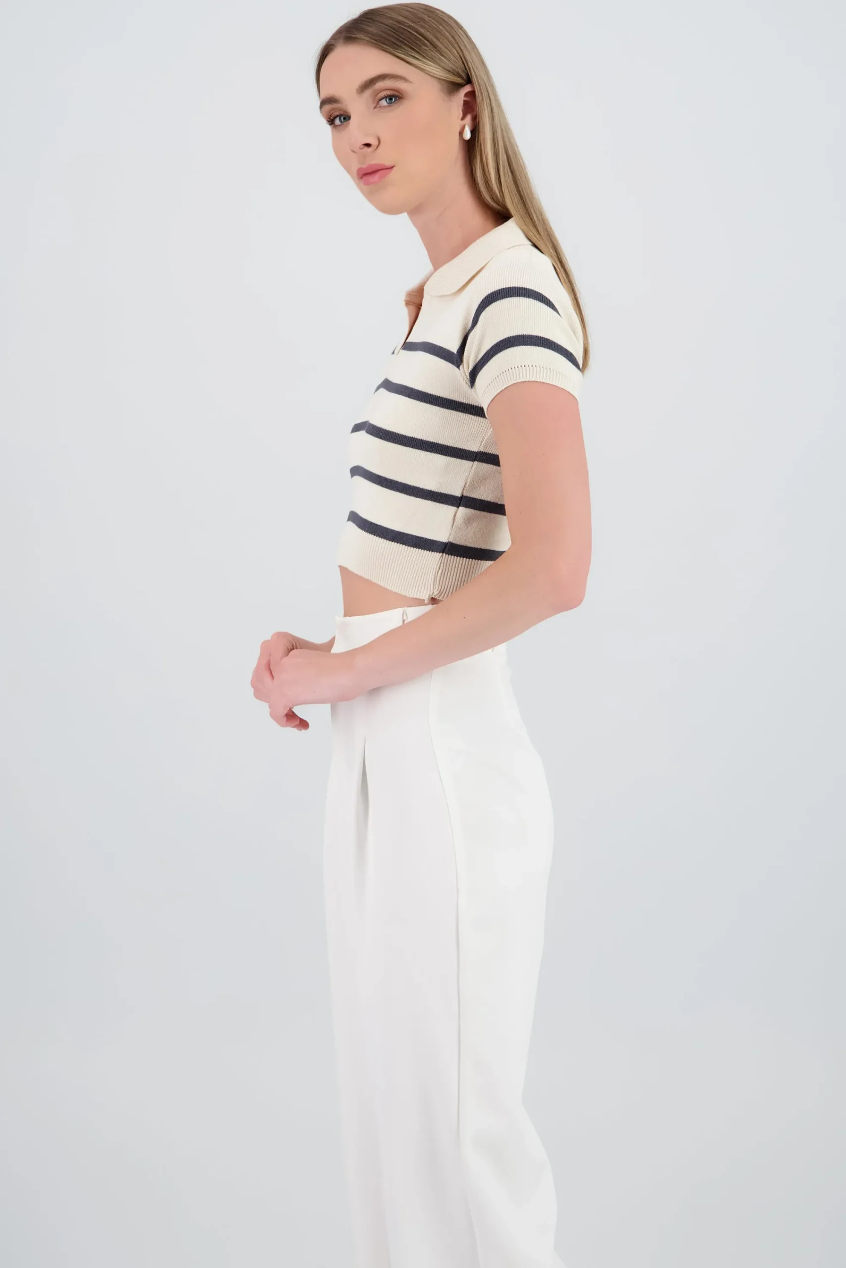 Shasa Striped Print Short Sleeve Polo Neck