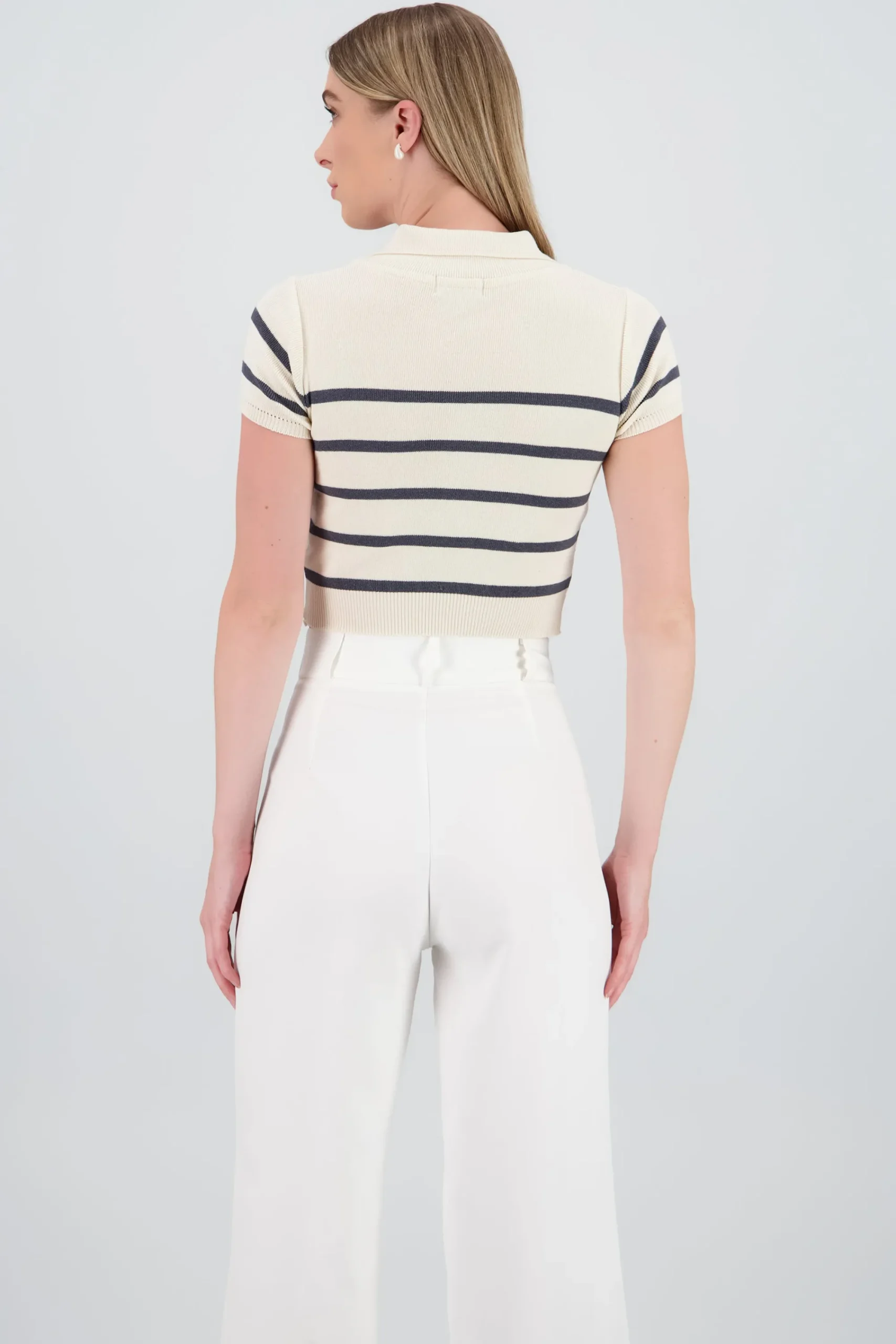 Shasa Striped Print Short Sleeve Polo Neck