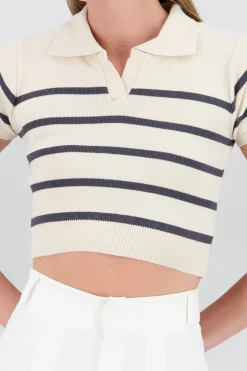 Shasa Striped Print Short Sleeve Polo Neck