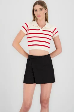 Shasa Striped Print Short Sleeve Polo Neck