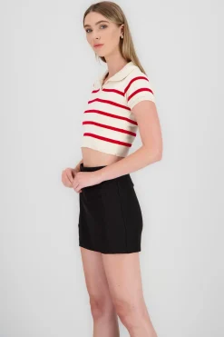 Shasa Striped Print Short Sleeve Polo Neck