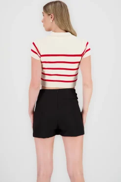 Shasa Striped Print Short Sleeve Polo Neck