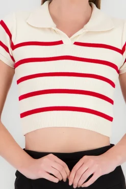 Shasa Striped Print Short Sleeve Polo Neck