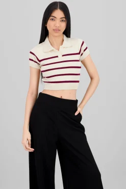 Shasa Striped Print Short Sleeve Polo Neck