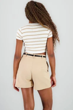 Shasa Striped Print Short Sleeve Knit Crop Top