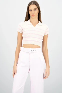 Shasa Striped Print Short Sleeve Polo Neck